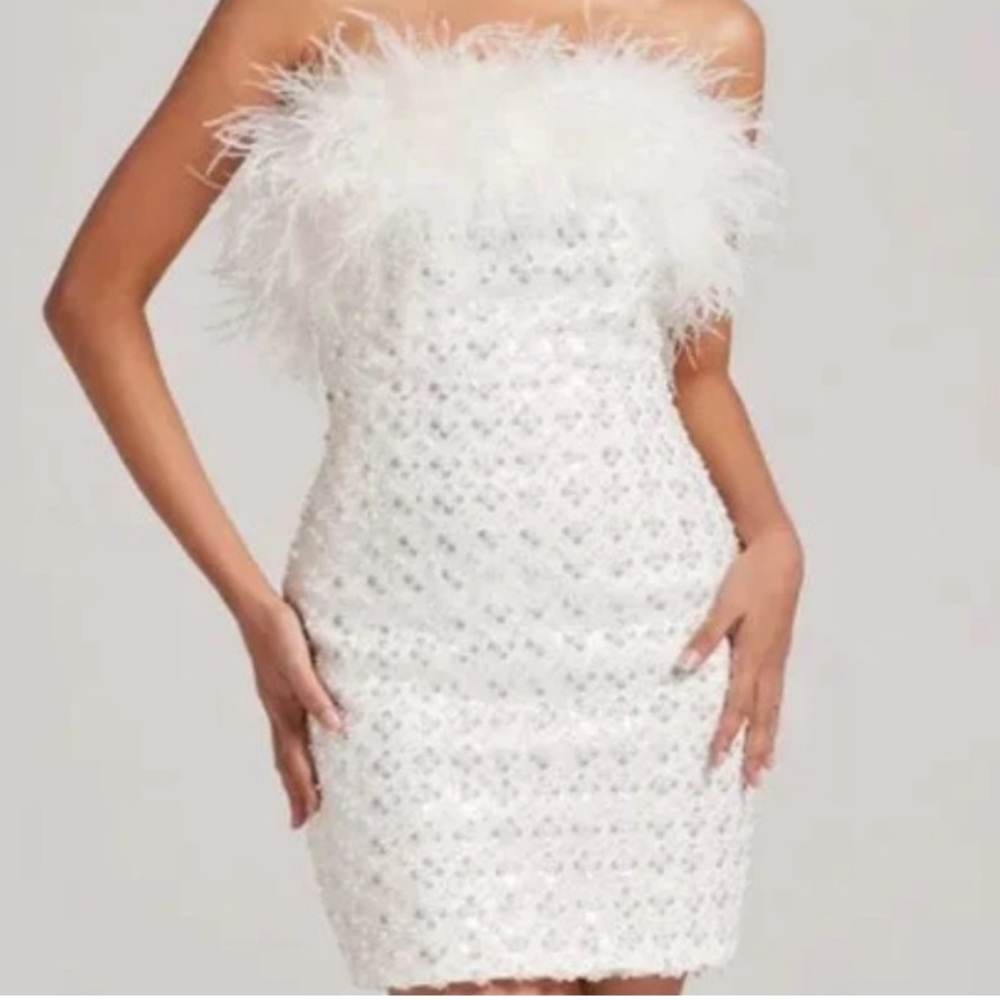 NADINE MERABI White Feather Mini Dress - Picture 2 of 10